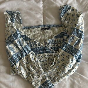 Zara Cream and Blue Patterned Blouse